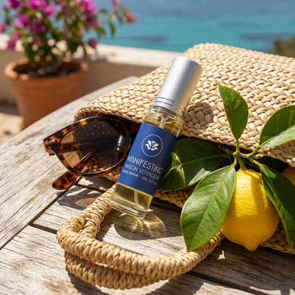 Manifesting 15ml Eau de Parfum travel size lifestyle composition · bergamot lime citrus cardamom · Maison Voyageur Madrid
