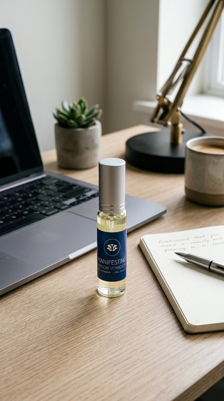 Manifesting 15ml Eau de Parfum travel size macro detail · bergamot lime citrus cardamom · Maison Voyageur Madrid