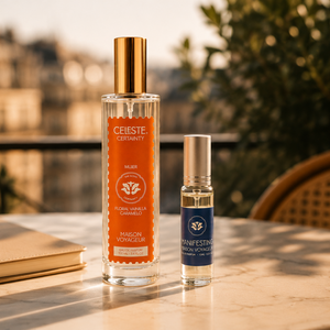 Certainty Perfume Gift Set · 100ml + 15ml travel · vanilla caramel cedar + bergamot citrus · Maison Voyageur Madrid