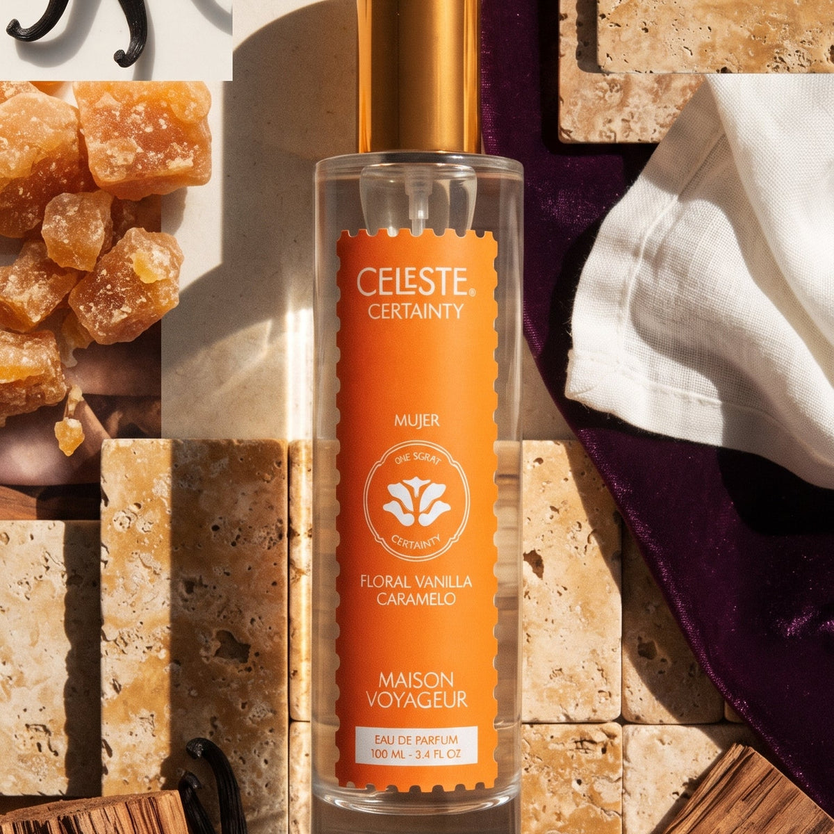 Certainty 100ml · moodboard sensoriel vainilla caramelo cedro · Maison Voyageur Madrid