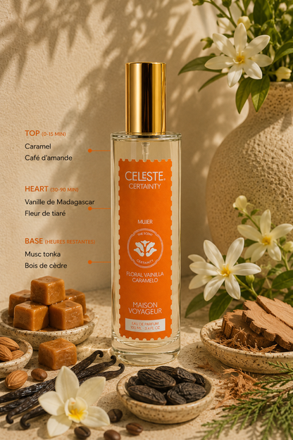 Certainty 100ml Eau de Parfum notes pyramid · top caramel almond · heart vanilla · base cedar tonka