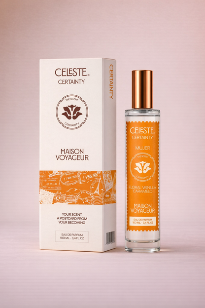 Certainty Eau de Parfum bottle and gift box · vanilla caramel cedar · Maison Voyageur Madrid