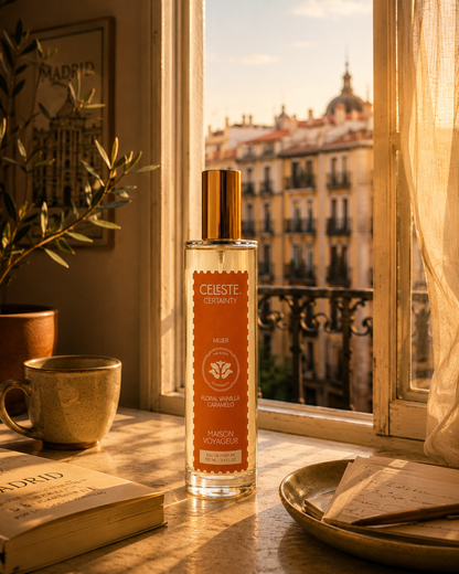 Certainty 100ml Eau de Parfum bottle window light · vanilla caramel cedar · Maison Voyageur Madrid