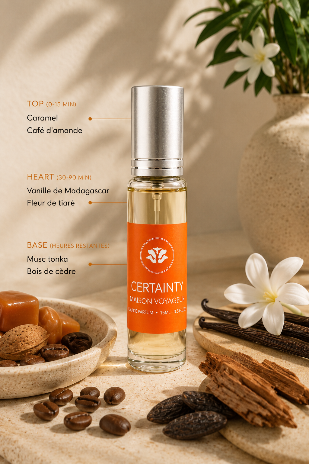 Certainty perfume notes pyramid · top caramel almond coffee · heart Madagascar vanilla tiaré flower · base tonka musk Lebanese cedarwood · artisanal women fragrance Madrid