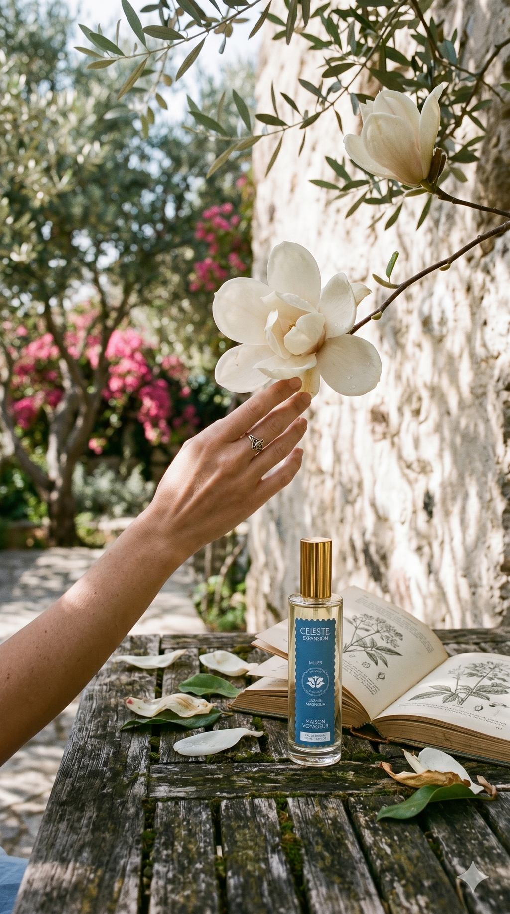 Expansion eau de parfum 100ml editorial lifestyle in Santorini white architecture with jasmine — Maison Voyageur Mediterranean artisanal parfumerie women
