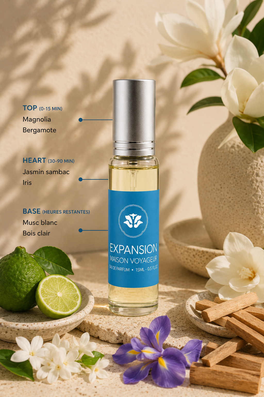 Expansion perfume notes pyramid · top magnolia bergamot · heart jasmine sambac iris · base white musk light woods · artisanal white floral fragrance Madrid