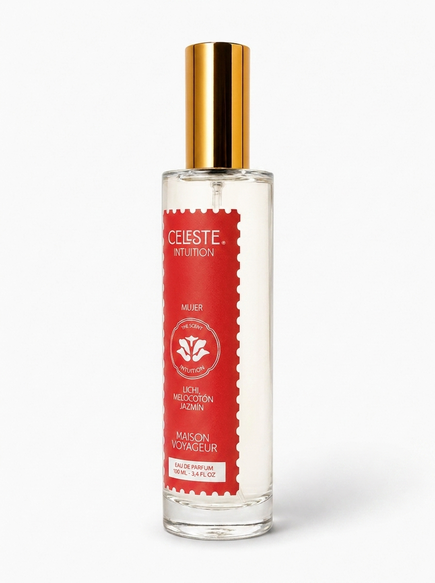 Intuition eau de parfum 100ml 3/4 angle side view packshot — lychee peach white tea fragrance for women — Maison Voyageur Mediterranean artisanal parfumerie Madrid
