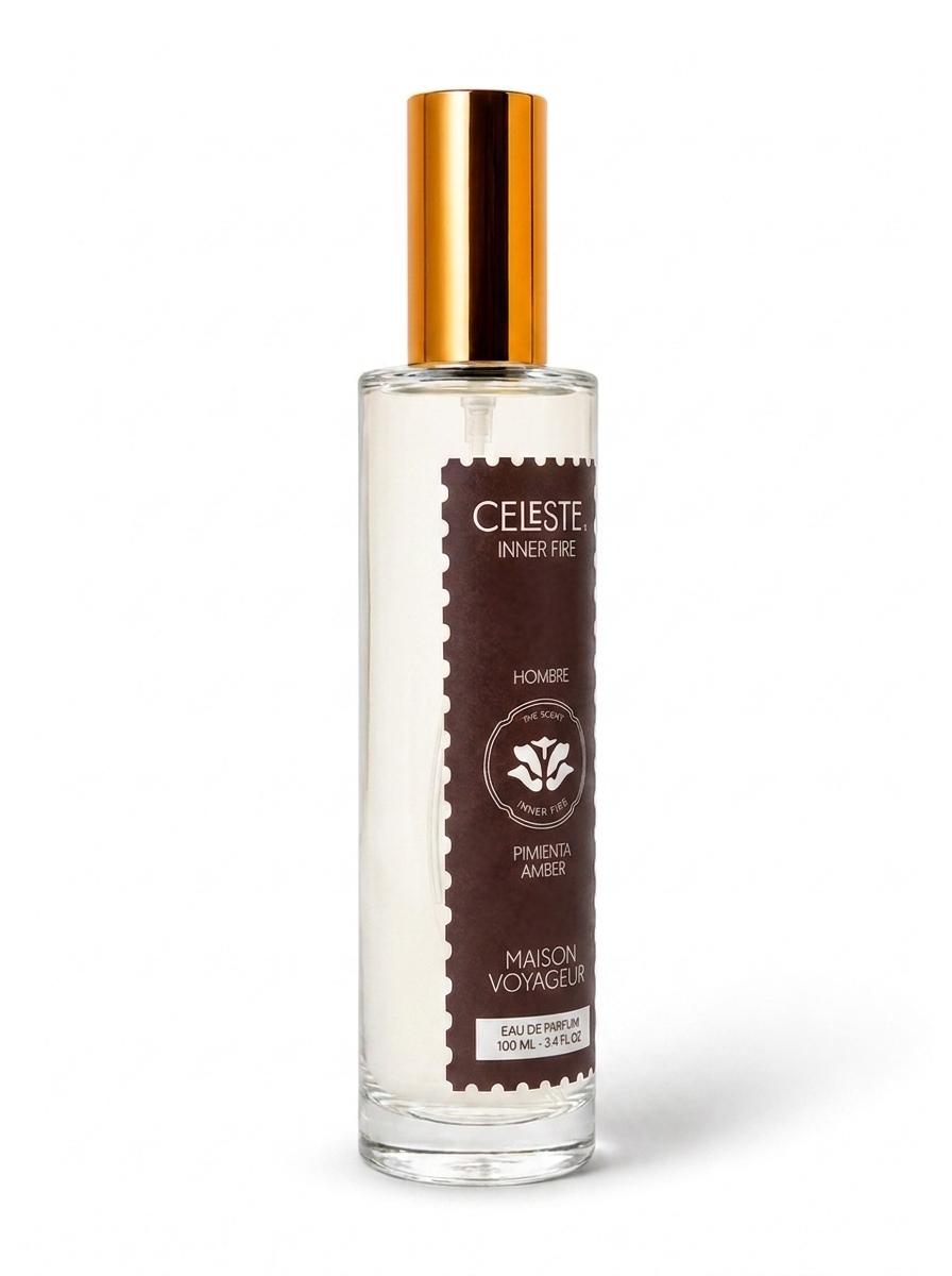 Inner Fire eau de parfum 100ml 3/4 angle side view packshot — pepper amber dried apricot fragrance for men — Maison Voyageur Mediterranean artisanal parfumerie Madrid