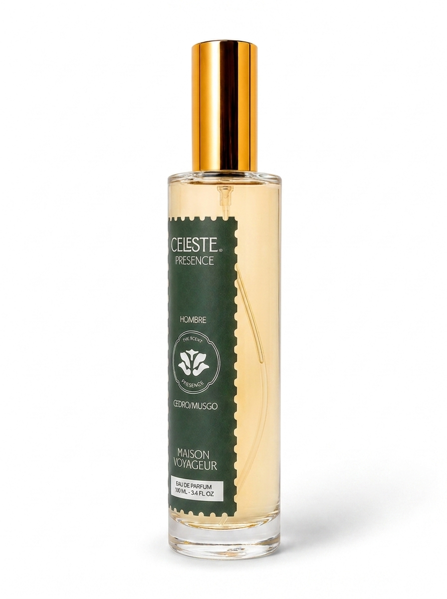 Presence eau de parfum 100ml 3/4 angle side view packshot — cedar moss ambrette fragrance for men — Maison Voyageur Mediterranean artisanal parfumerie Madrid