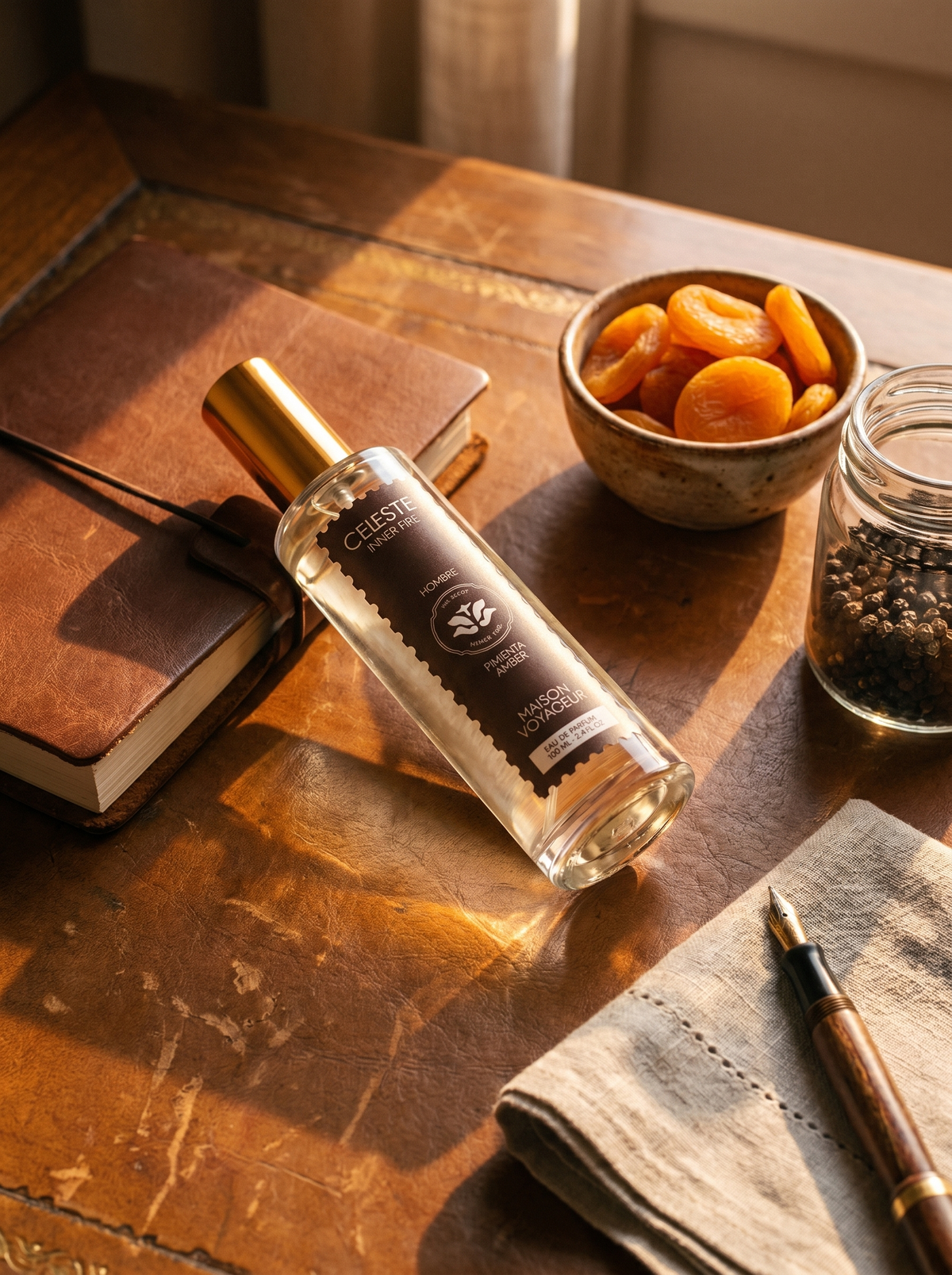 Inner Fire eau de parfum 100ml lifestyle on Madrid leather desk with notebook dried apricots and pepper jar at sunset — Maison Voyageur Mediterranean artisanal parfumerie