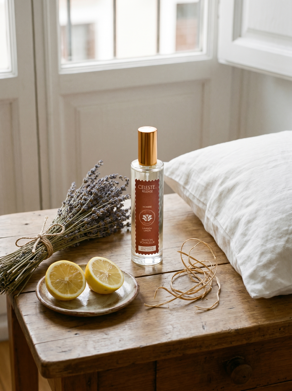 Release eau de parfum 100ml lifestyle on Madrid wooden side table with dried lavender bundle lemon slices and vetiver — Maison Voyageur Mediterranean artisanal parfumerie