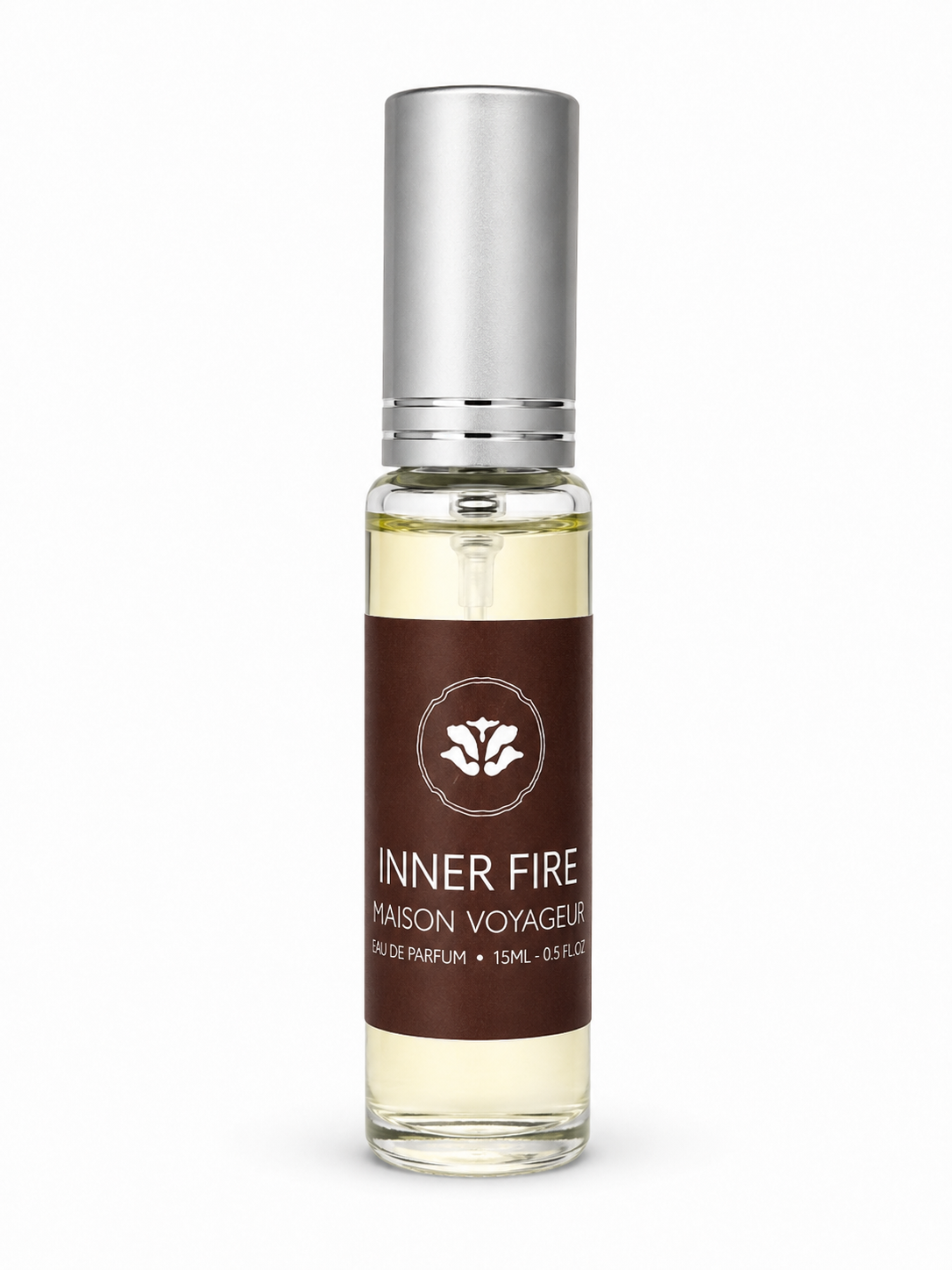 Maison Voyageur Inner Fire 15ml eau de parfum bottle pepper amber leather dried apricot artisanal men travel size · hand-blended Madrid Mediterranean parfumerie