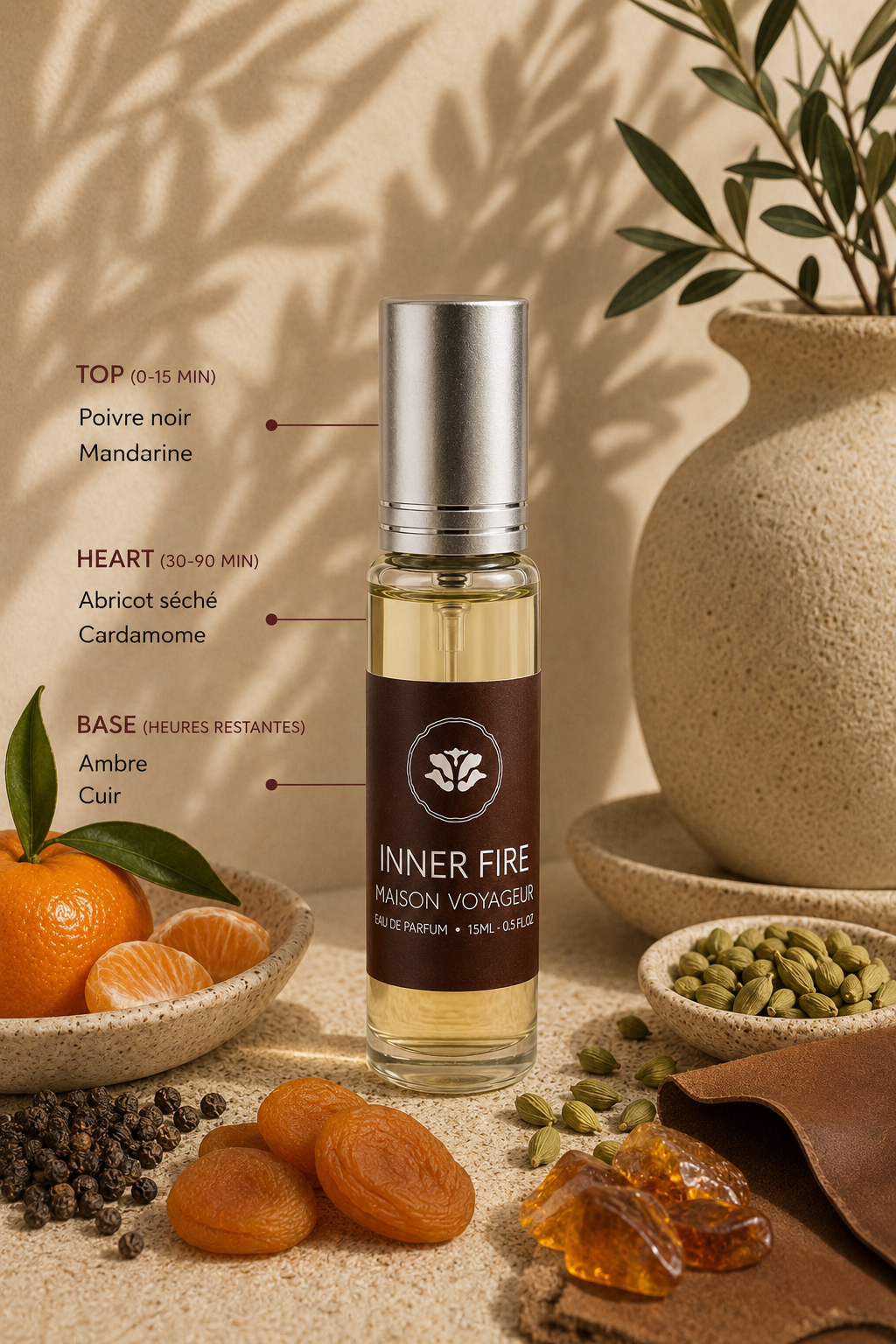Inner Fire perfume notes pyramid · top black pepper mandarin · heart dried apricot cardamom · base amber leather · artisanal spicy amber fragrance Madrid
