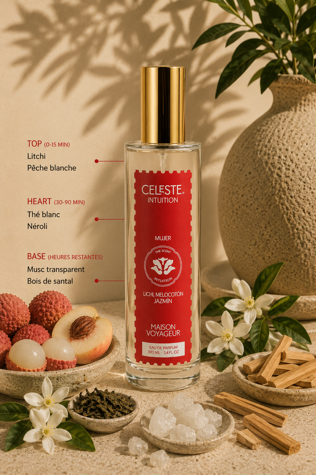 Intuition 100ml notes pyramid · lychee peach jasmine white tea · Maison Voyageur Madrid