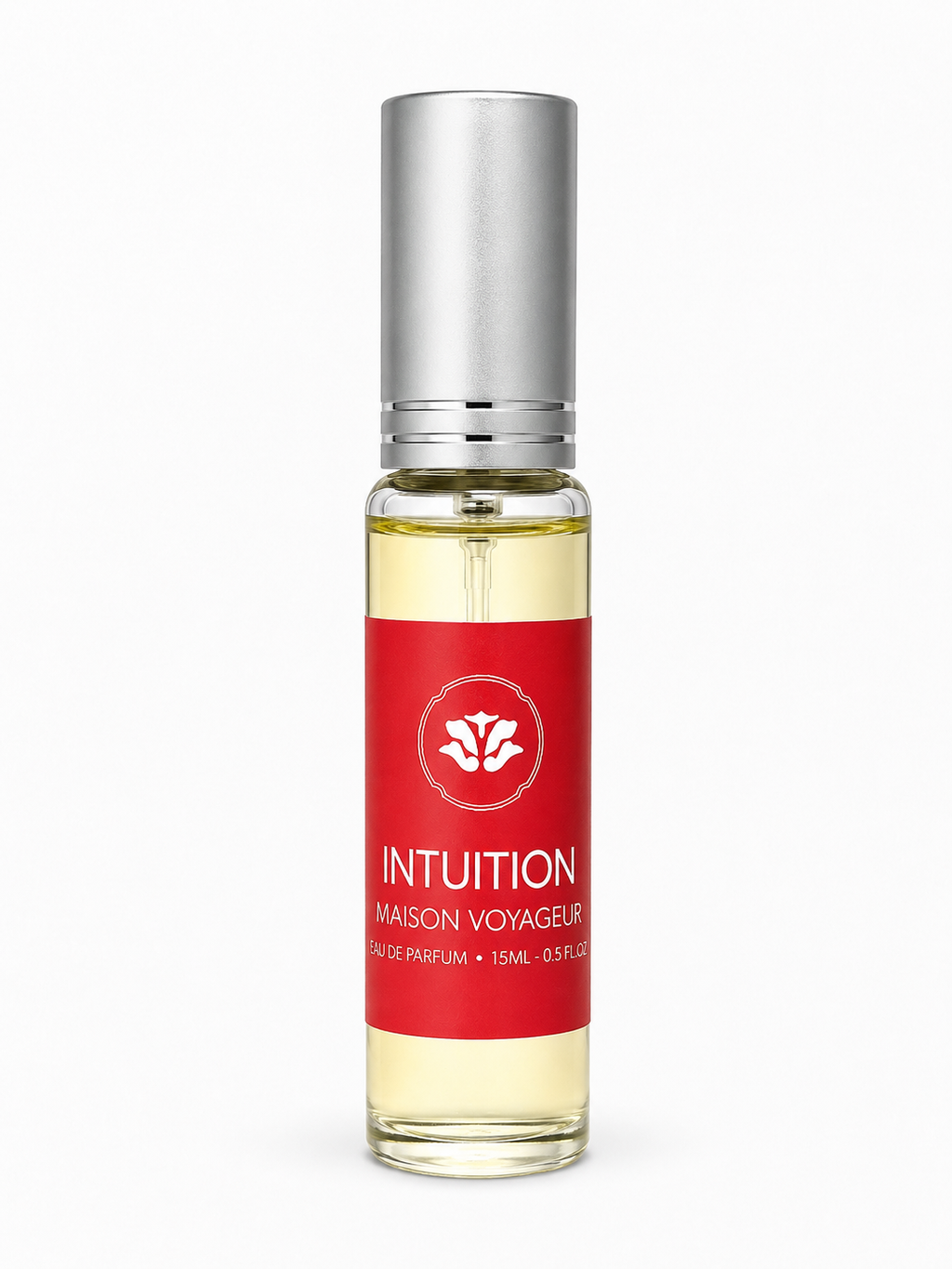 Maison Voyageur Intuition 15ml eau de parfum bottle lychee peach white tea artisanal women travel size · hand-blended Madrid Mediterranean parfumerie