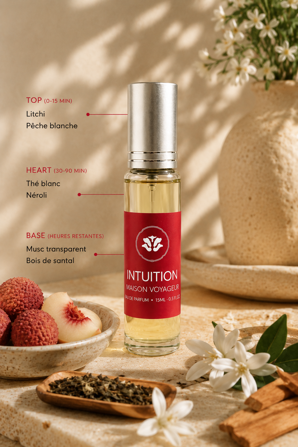 Intuition perfume notes pyramid · top lychee white peach · heart white tea neroli · base transparent musk sandalwood · artisanal soft feminine fragrance Madrid
