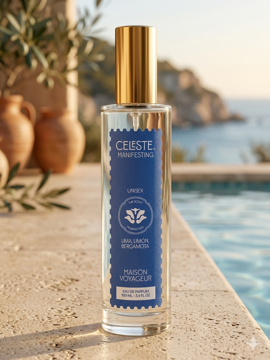 Manifesting eau de parfum 100ml lifestyle on Mediterranean limestone with citrus fruits and cedar — Maison Voyageur artisanal parfumerie Madrid unisex