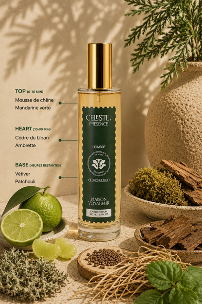 Presence 100ml notes pyramid · oakmoss cedar ambrette vetiver · Maison Voyageur Madrid