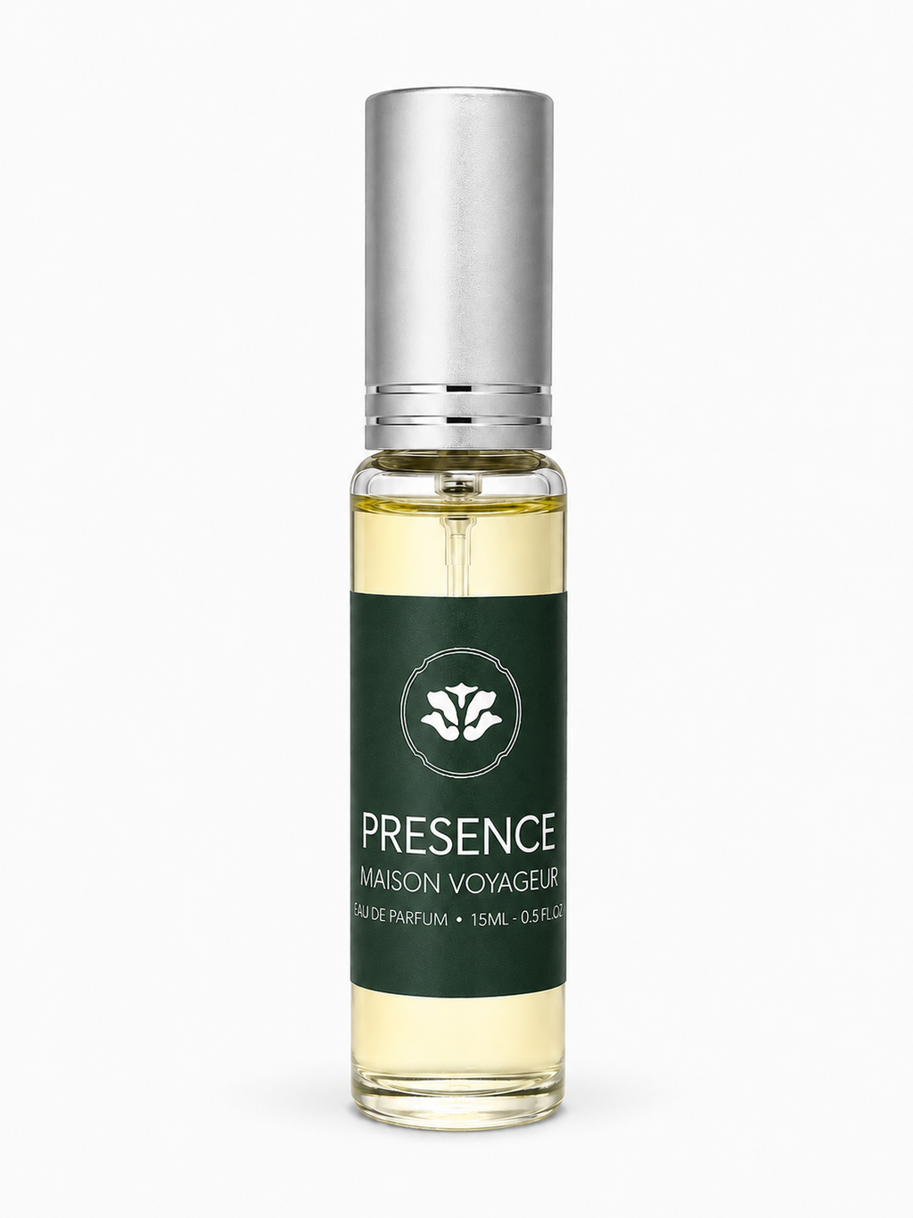 Maison Voyageur Presence 15ml eau de parfum bottle Lebanese cedar oakmoss vetiver patchouli ambrette artisanal men travel size · hand-blended Madrid Mediterranean parfumerie