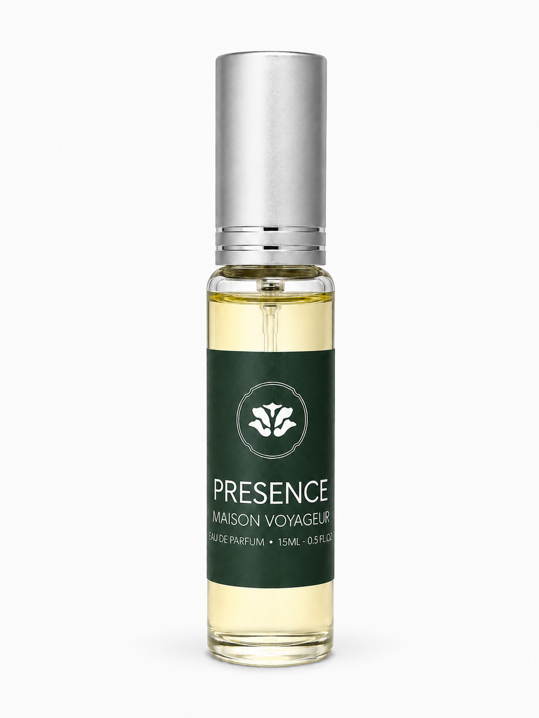 Maison Voyageur Presence 15ml eau de parfum bottle Lebanese cedar oakmoss vetiver patchouli ambrette artisanal men travel size · hand-blended Madrid Mediterranean parfumerie