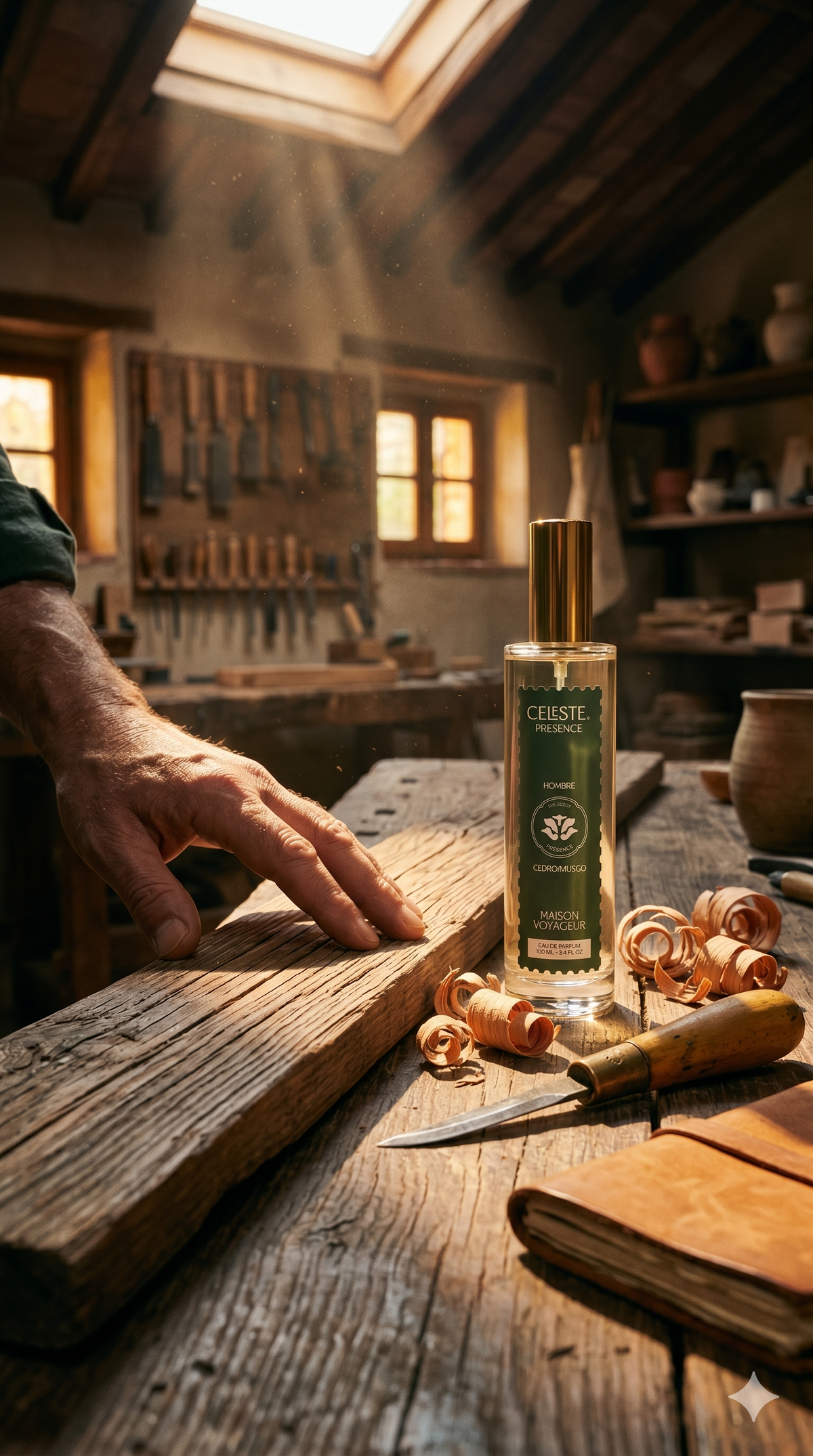 Presence eau de parfum 100ml lifestyle on natural wood surface with cedar and ambrette accord — Maison Voyageur Mediterranean artisanal parfumerie Madrid men