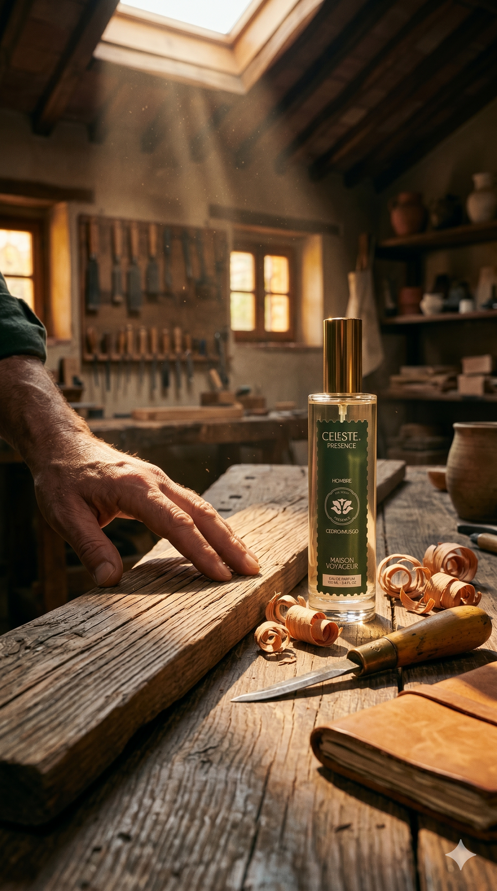 Presence 100ml Eau de Parfum wood surface lifestyle · cedar vetiver iris · Maison Voyageur Madrid