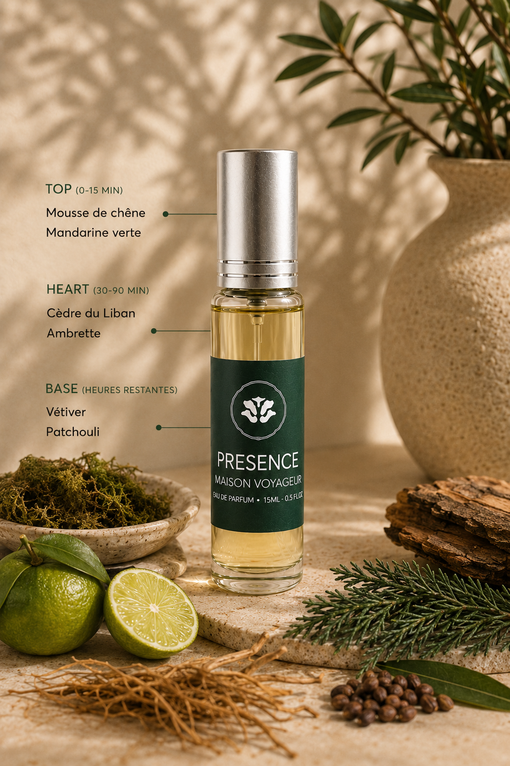 Presence perfume notes pyramid · top oakmoss green mandarin · heart Lebanese cedar ambrette · base vetiver patchouli · artisanal woody Mediterranean fragrance Madrid