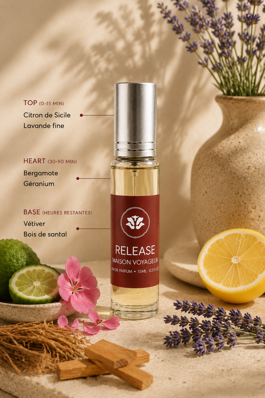 Release perfume notes pyramid · top Sicilian lemon fine lavender · heart bergamot geranium · base vetiver sandalwood · artisanal aromatic Mediterranean fragrance Madrid