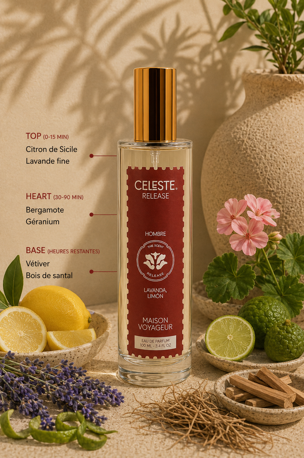 Release 100ml notes pyramid · Sicilian lemon lavender bergamot vetiver · Maison Voyageur Madrid